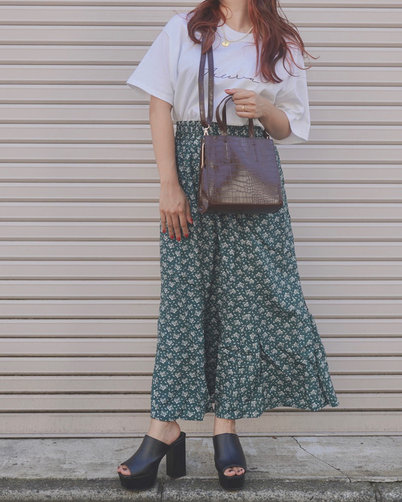 White Flower Long Flare Skirt (green) フレアスカート グリーン 緑 ストリート