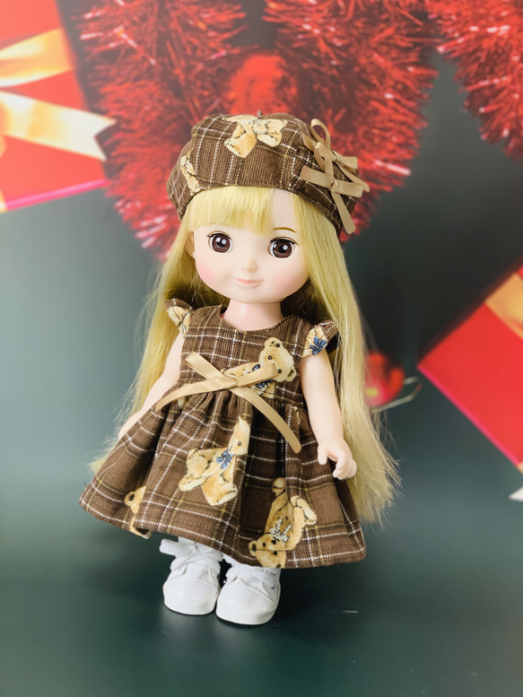 コーデュロイ　ブラウン　くまちゃん　ドール服　26cm  ワンピース