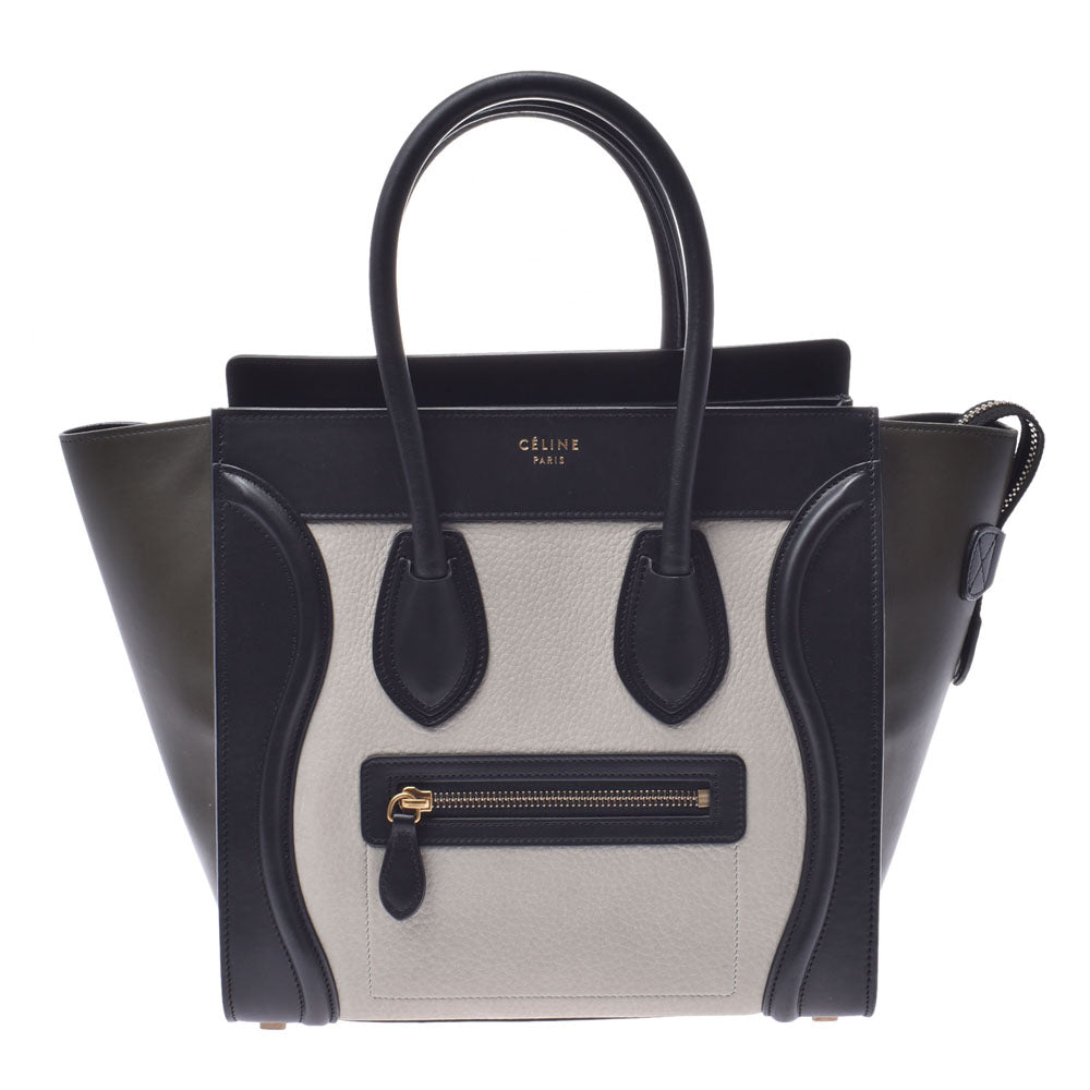 CELINE セリーヌ ラゲージ マイクロショッパー トリコロール 黒×カーキ×グレー系 レディース レザー ハンドバッグ Bランク 中古 