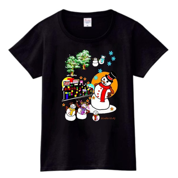 街にやってきたスノーマン：プリントスターTシャツ（レディース：黒）