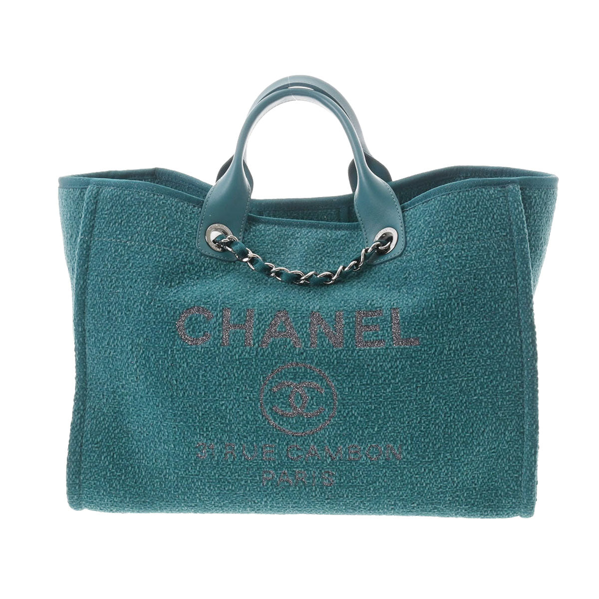 CHANEL シャネル ドーヴィル GM ブルーグリーン シルバー金具 レディース ストロー レザー 2WAYバッグ Aランク 中古 