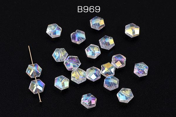 B969  60個  メッキガラスビーズ 六角形カット クリアＡＢカラー 7×8mm 3X（20ヶ）