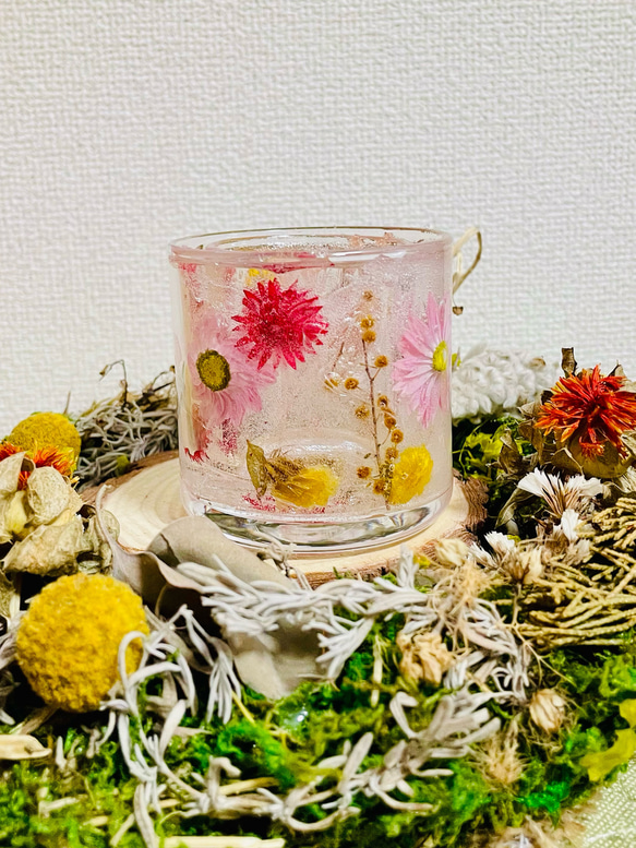 ボタニカルジェルキャンドルホルダー＊pink &yellow蜜蝋ティーカップ・LEDライト付き