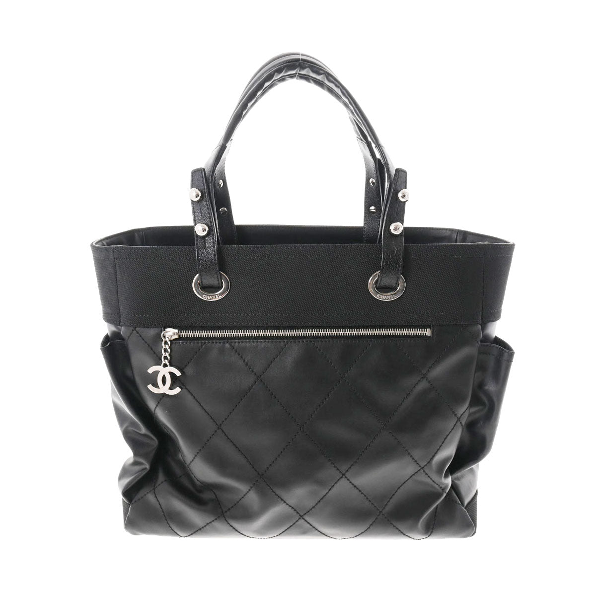 CHANEL シャネル パリビアリッツ トート GM ブラック シルバー金具 レディース レザー キャンバス トートバッグ ABランク 中古 