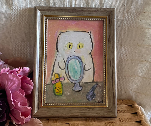 絵画。原画手描き【鏡を見るのが好きなかわいい白猫ちゃん】