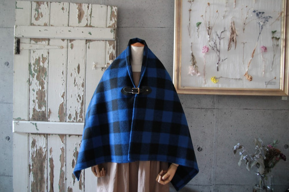 ◆Wool Poncho◆ BLUExBK 英国羊毛のツイードポンチョ 黒レザー