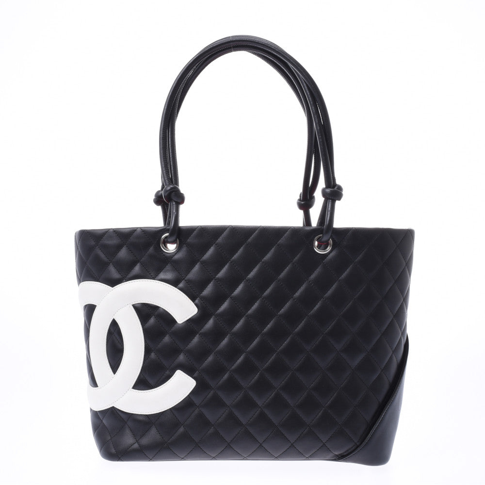 CHANEL シャネル カンボンライン ラージトート 黒/白 レディース ラムスキン トートバッグ ABランク 中古 