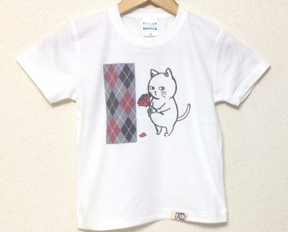 猫郎雑貨店　コットン Tシャツ　猫郎とバラ　アーガイル　100～140　白