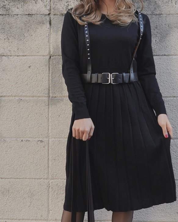 Fit&Flare Knit Pleats Onepiece (black) ロング丈ワンピース ブラック 黒 ガーリー