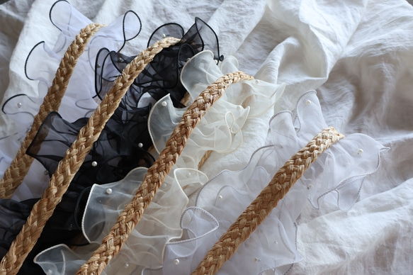 raffia chiffon frill pearl smartphone strap ラフィアスマホストラップ