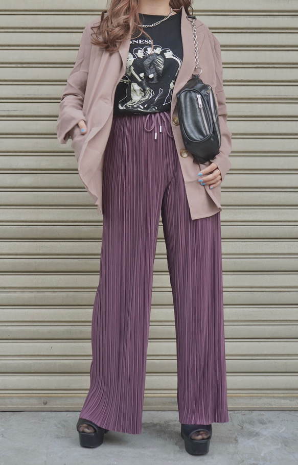 Shiny Pleats Wide Pants (dark purple) ロングパンツボルドー 赤紫 カジュアル