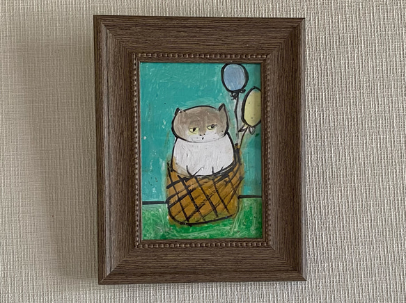 絵画。原画【風船を飾ったかごの中のかわいい猫ちゃん】