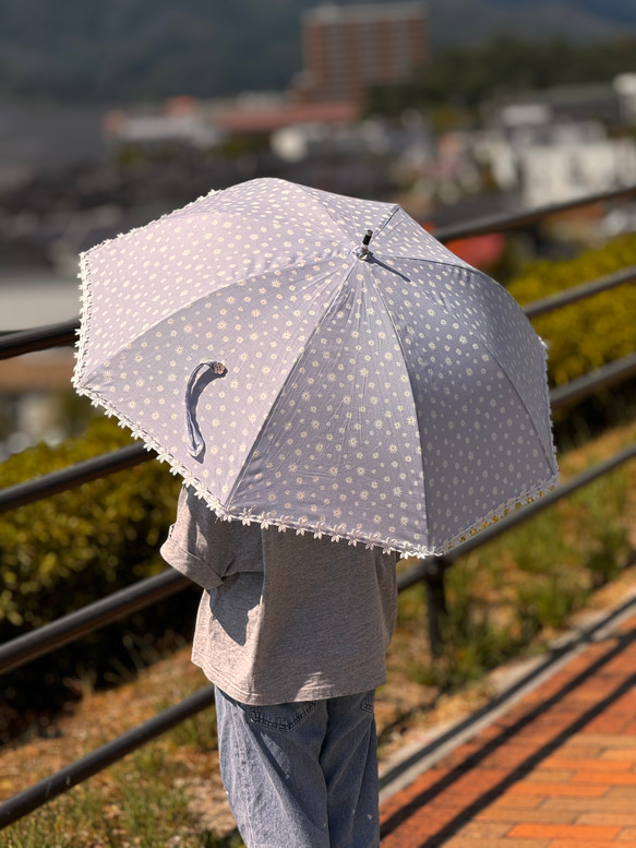 日傘　花　お花　ガーベラ　水色　伸縮タイプ