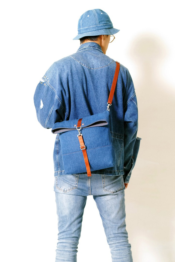 DENIM-手作りデニムデニムキャンバスフォールドオーバー斜めバック/タブレットバッグ