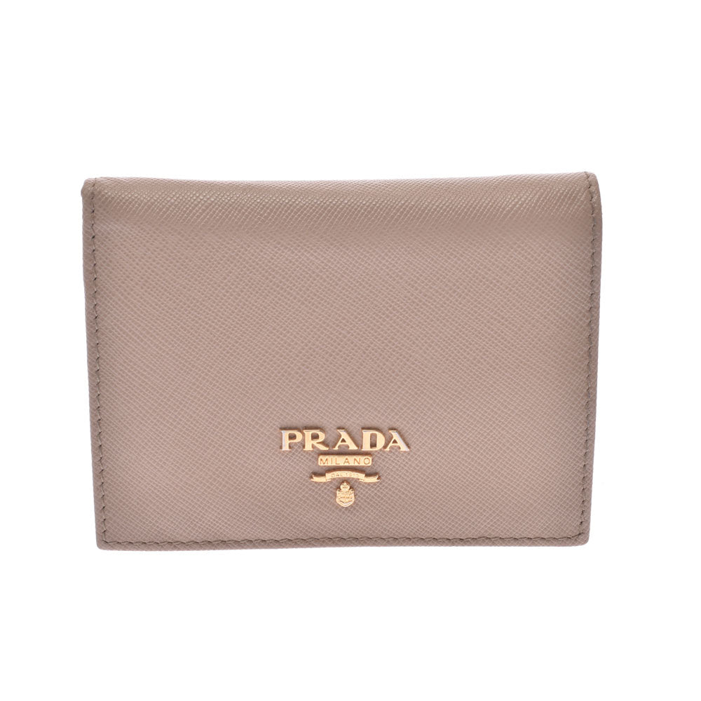 PRADA プラダ コンパクトウォレット ベージュ ゴールド金具 1M0204 レディース サフィアーノ 二つ折り財布 ABランク 中古 