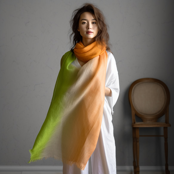 PSNY 手揉みリネン楊柳のグラデーション・パラキート・大判ストール 近江ちぢみ 手染め Long Scarf SG02