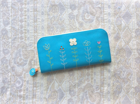 刺繍革財布『LIFE』ターコイズ（牛革）☆Slimラウンドファスナー形☆