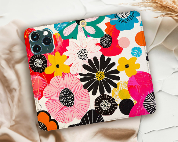 【手帳型】HAPPY FLOWER ハッピーフラワー iPhoneケース 手帳型スマホケース アート 花柄 花 北欧