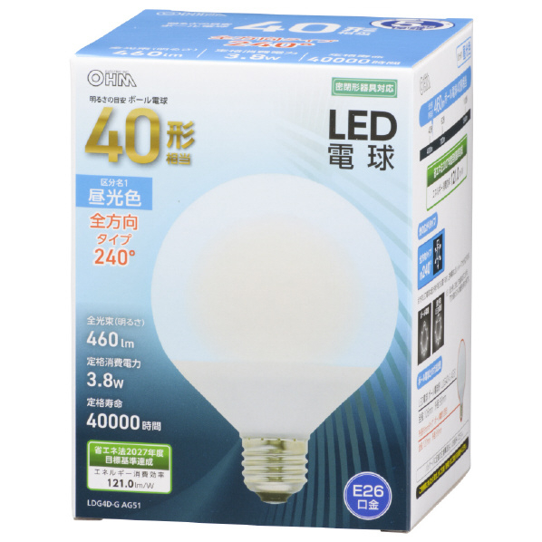 オーム電機 LED電球 E26口金 全光束460lm(3．8W普通電球サイズ) 昼光色相当 LDG4D-G AG51