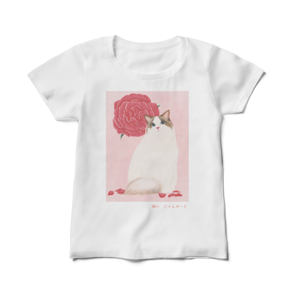 猫心Tシャツ「PinkRose」／ホワイト/受注生産