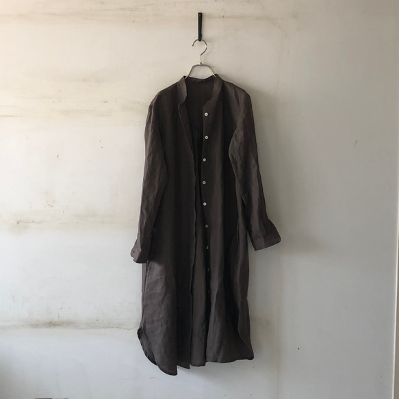 スタンドカラーlong shirt/ロングシャツ　ダークブラウン