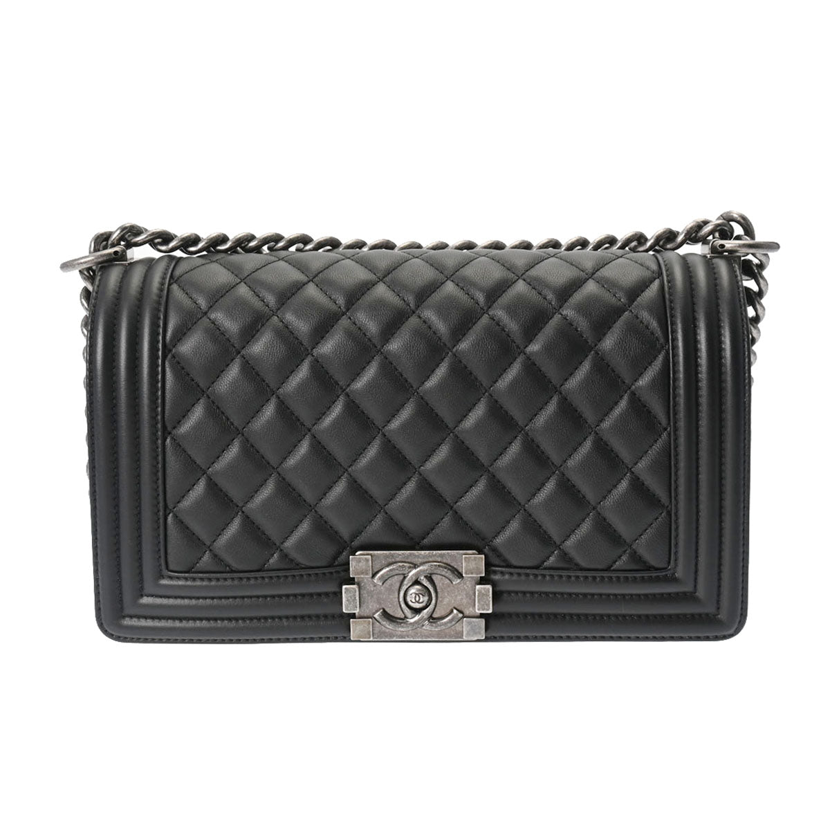 CHANEL シャネル ボーイシャネル チェーンショルダー 25cm 黒 ヴィンテージ調シルバー金具 A67086 レディース カーフ ショルダーバッグ 新同 中古 