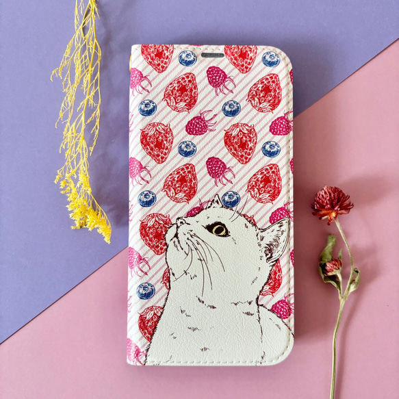 【受注生産】Berry Berry Cat 帯なし手帳型スマホケース