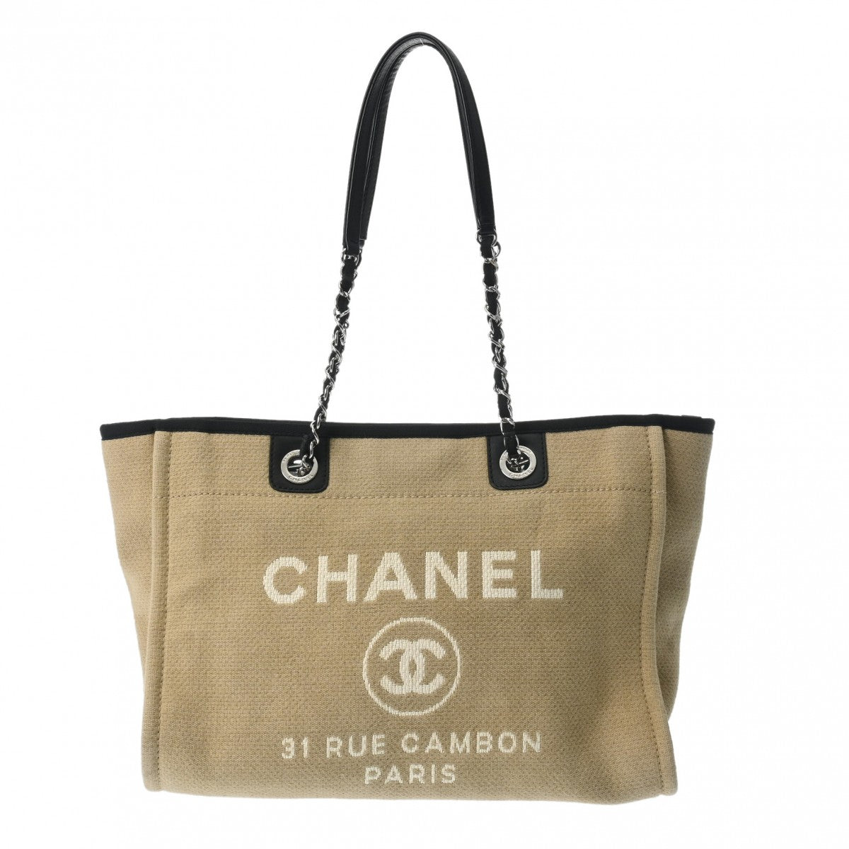 CHANEL シャネル ドーヴィル チェーントート ベージュ/ブラック A67001 レディース キャンバス/レザー トートバッグ Bランク 中古 