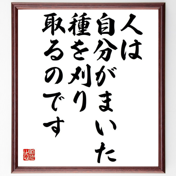 名言「人は、自分がまいた種を刈り取るのです」額付き書道色紙／受注後直筆（Y7292）