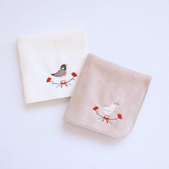 刺繍ミニタオル（文鳥 / カーネーション）