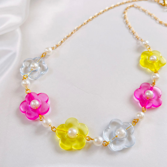 キッズ★pink＆yellowお花のビーズネックレス