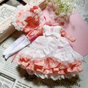 【送料無料】リカちゃんお洋服、サーモンピンクの小花柄エプロンワンピース5点セット（ワンピース、エプロン、ボンネット、ペチコート、靴下）（74）