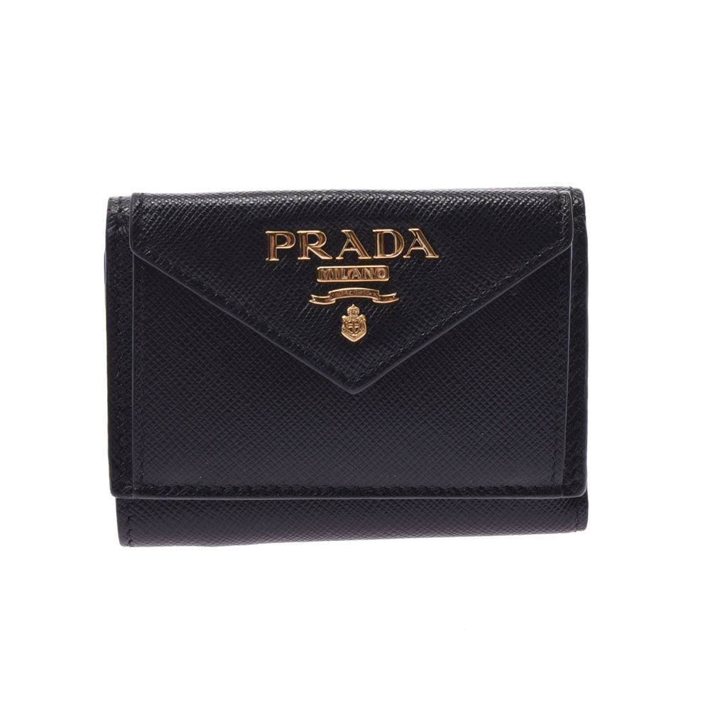 PRADA プラダ コンパクトウォレット 黒 ゴールド金具 ユニセックス サフィアーノ 三つ折り財布 ABランク 中古 