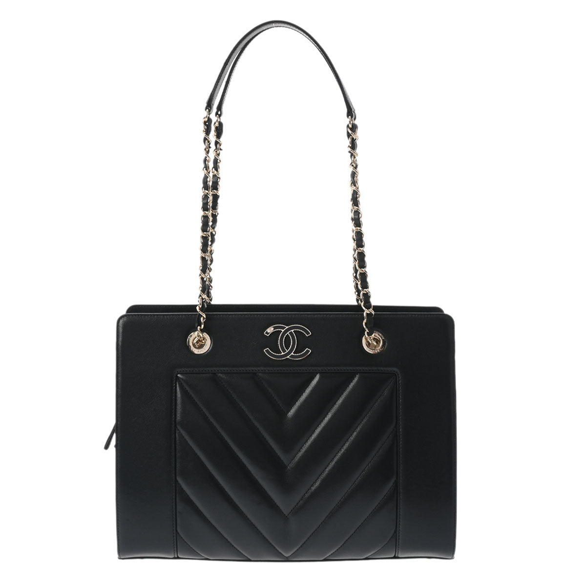 CHANEL シャネル Vステッチ チェーントート ブラック ゴールド金具 レディース レザー トートバッグ Aランク 中古 