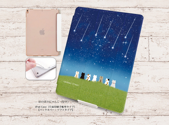 【ほのぼのにゃんこ（星空）】手帳型iPadケース【バックカバー：ソフトタイプ】片面印刷/カメラ穴有/はめ込み式