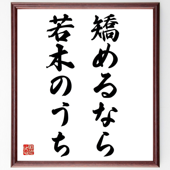 名言「矯めるなら若木のうち」額付き書道色紙／受注後直筆（Z4218）