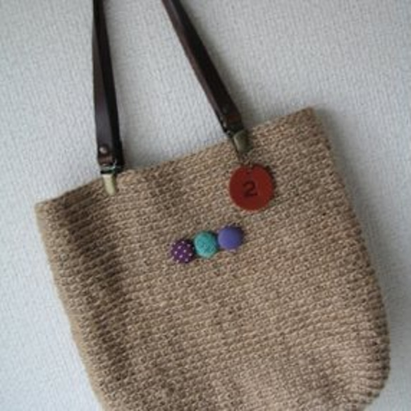 麻ひも手提げBag・生成り　持ち手こげ茶