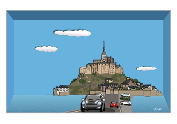 BMW MINI ミニクーパー アートイラスト ポスター Mont-Saint-Michel　A4サイズ