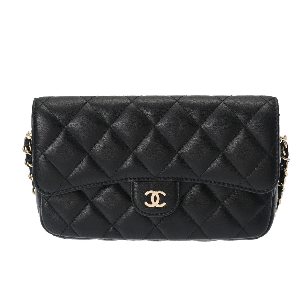 CHANEL シャネル マトラッセ チェーンショルダー フォンケース 黒 ゴールド金具 レディース ラムスキン ショルダーバッグ Aランク 中古 