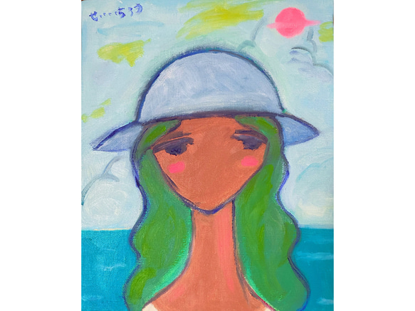 【SummerVibes】F3 絵画 原画 油彩 油絵 キャンバス レトロガール 夏 海 リゾート ポートレート 沖縄