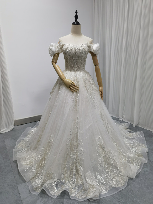 新品在庫処理！激安！ウェディングドレス ハンドメイド パフスリーブ  編み上げ 披露宴/結婚式