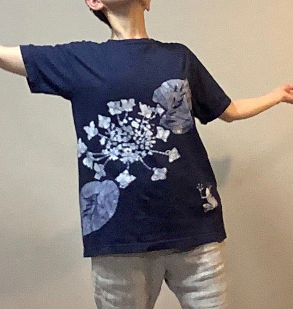 紫陽花と蛙　手染めTシャツ/S・M・L・XL