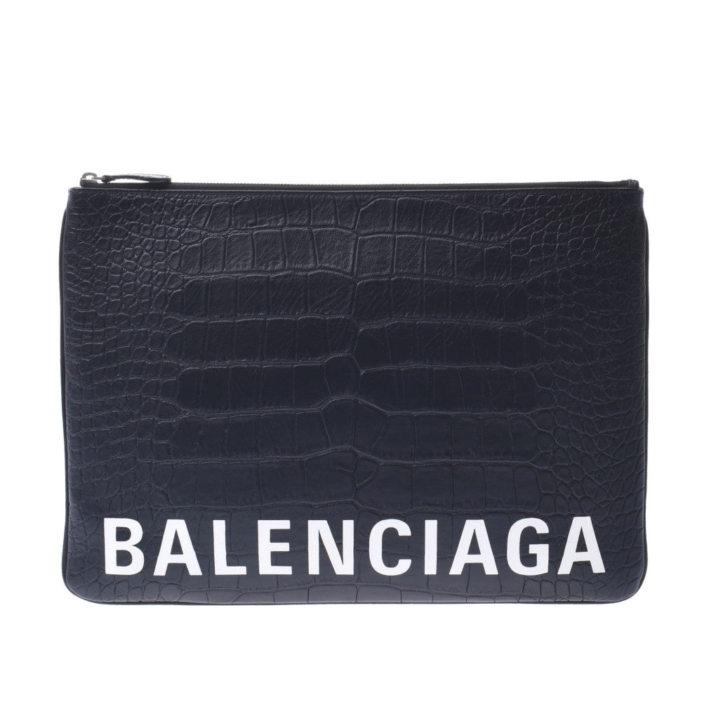 BALENCIAGA バレンシアガ ヴィル 黒/白 535532 ユニセックス クロコ型押し クラッチバッグ ABランク 中古 