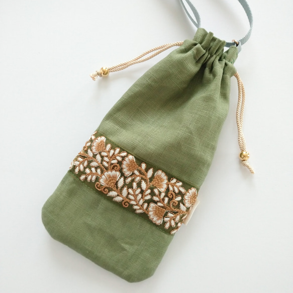 ❲大❳インド刺繍リボンの巾着スマホショルダー【green×beige】