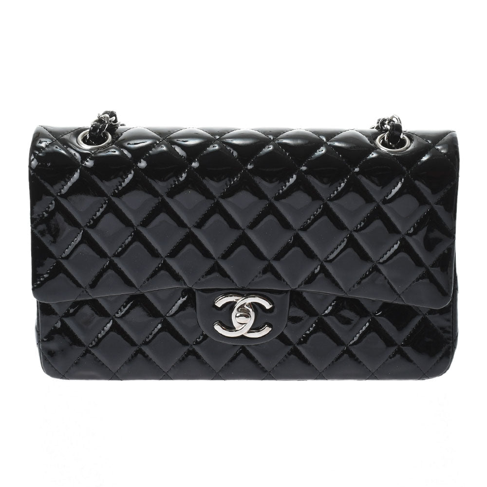 CHANEL シャネル マトラッセ ダブルフラップ 25cm チェーン ブラック ゴールド金具 レディース エナメル ショルダーバッグ ABランク 中古 