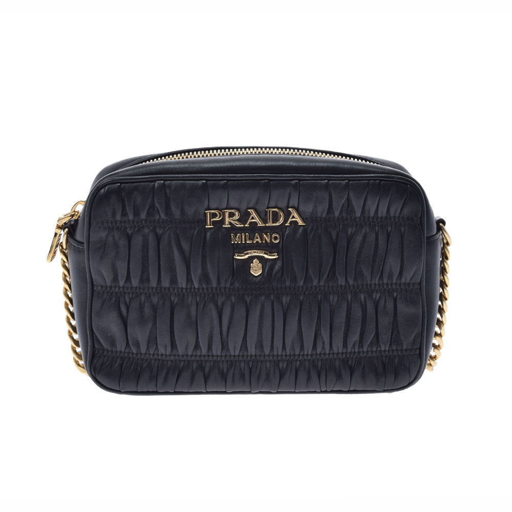 【2025年の人気アイテム】 PRADA プラダ ギャザー チェーン 黒 ゴールド金具 1BH112 レディース カーフ ショルダーバッグ Bランク 中古 _画像1