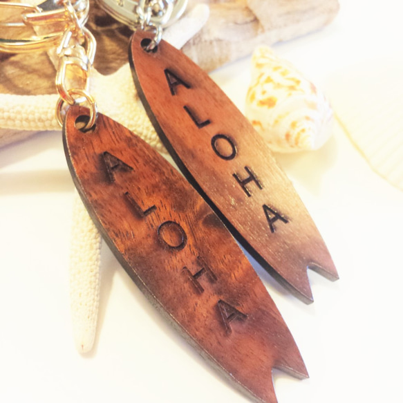 ハワイアン コア(hawaiian Koa Wood)キーホルダー ALOHAサーフボード