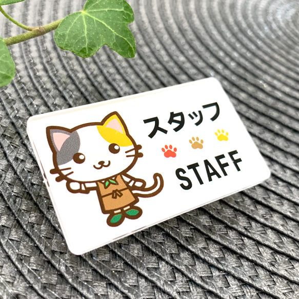 【送料無料】三毛猫イラスト名札 STAFFサインプレート スタッフ 店員 ショップ 店舗 ショップ店員 カフェ