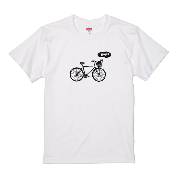 【限定セール中！】15%オフ！￥3,300→￥2,980 自転車に乗った猫 Tシャツ ホワイト 猫柄　シルクスクリーン