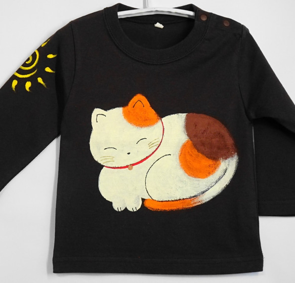 長袖・手描きキッズTシャツ・まん丸ねこ・名前入れ